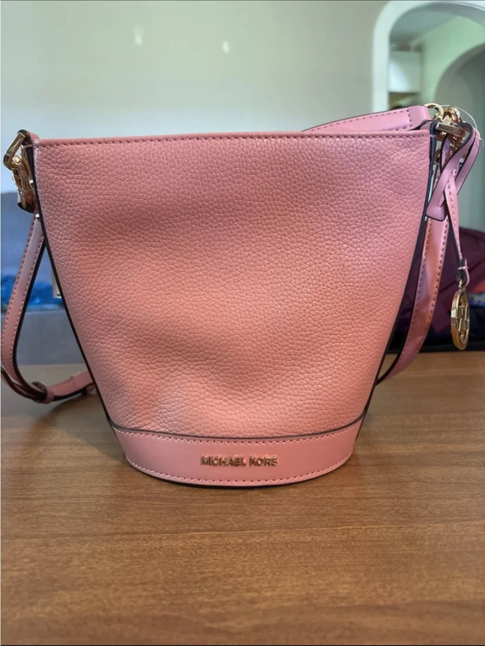Michael Kors Rose Pink Leather Bucket Shoulder Bag with MK Charm